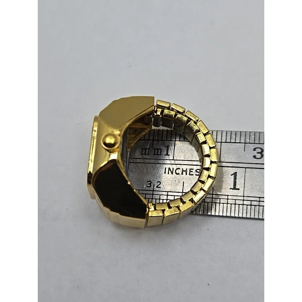 Bozhi Gold Tone Quartz Ring Watch Black Dial New Battery Retro Stretch Accessory